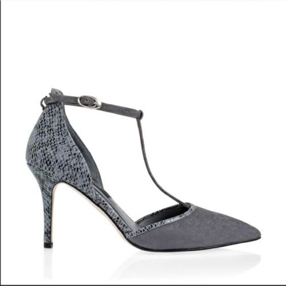 WHBM Gray Snakeskin and Suede T-Strap Heel (Aarayln)